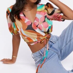 Floral Watercolor Wrap Crop Top